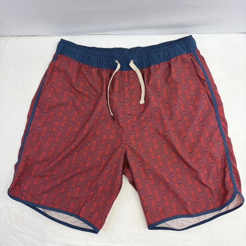 Fair Harbor Swim Trunks Mens Large Red Blue Geometric Lined Board Shorts Beach
